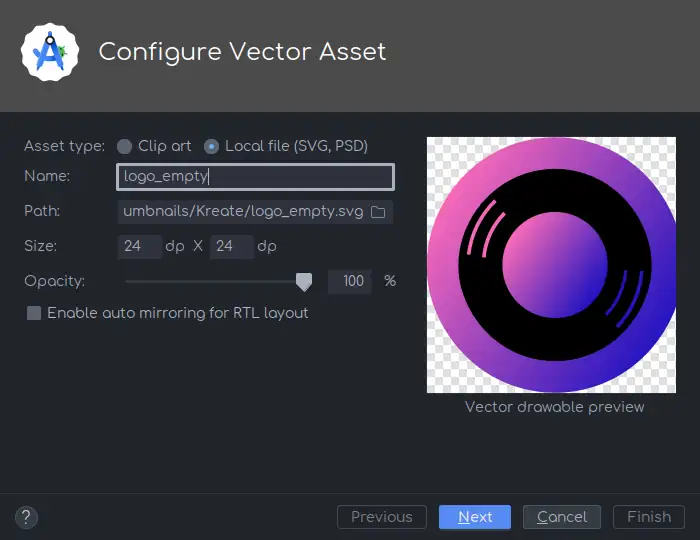 Configure vector asset
